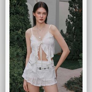 CIDER Women’s Y2K Tie Front Asymmetrical Ruffle Hem Lace Top - Size Small